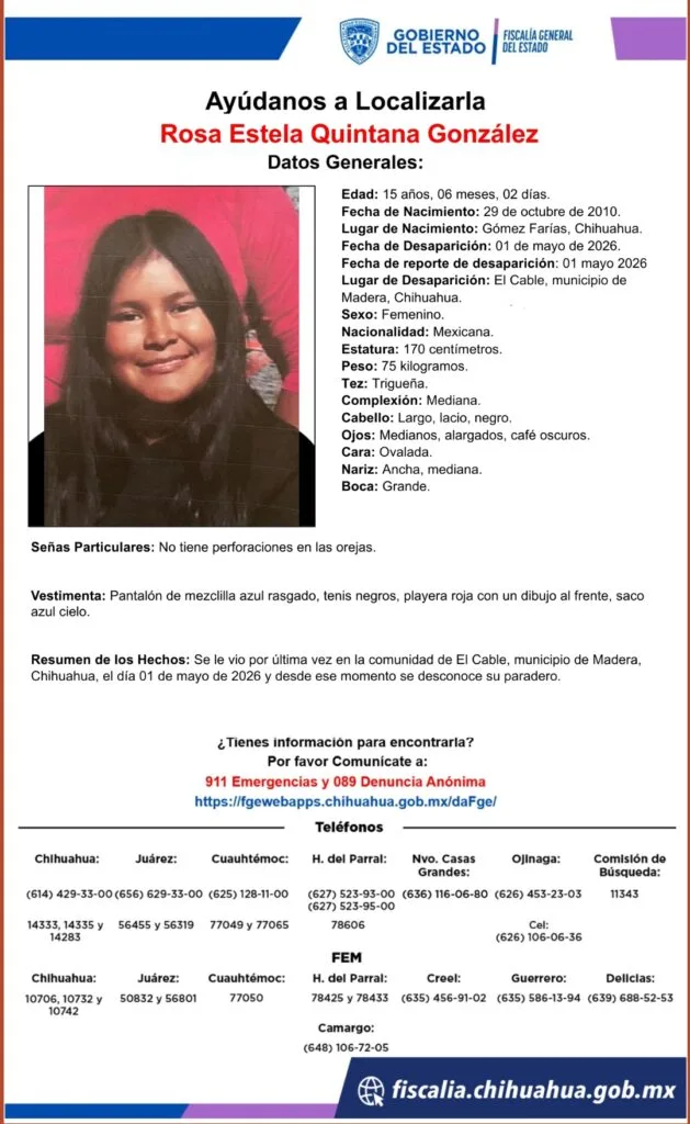 Buscan a Rosa Estela Quintana González, desaparecida en El Cable, Madera - imagen 1