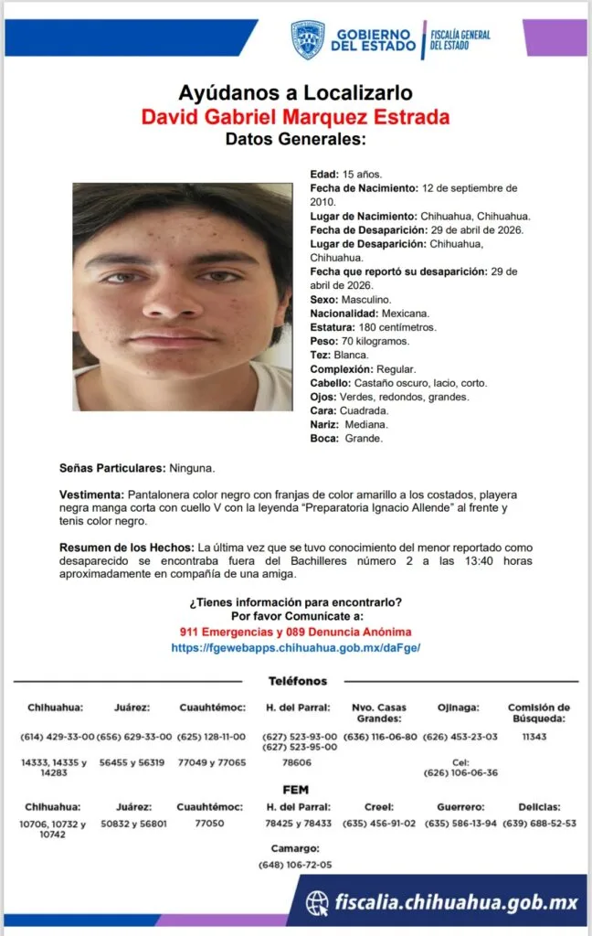 Buscan a David Gabriel Márquez Estrada, adolescente desaparecido en Chihuahua - imagen 1