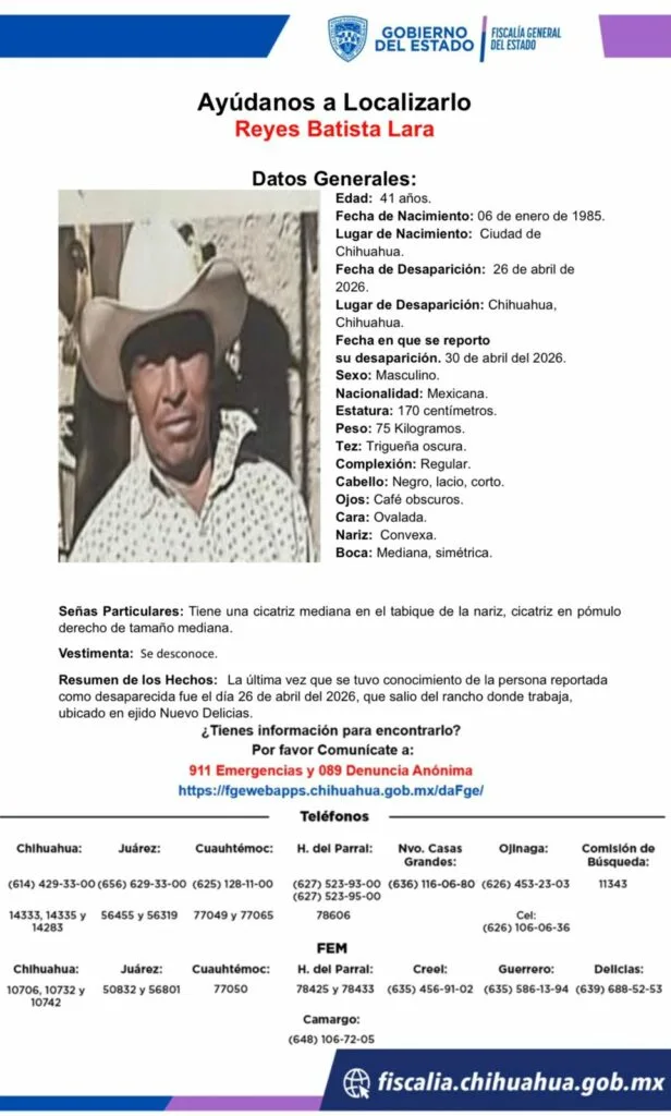 Buscan a Reyes Batista Lara, desaparecido desde el 26 de abril en Chihuahua - imagen 1