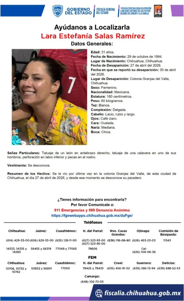 Buscan a Lara Estefanía Salas Ramírez, desaparecida en Chihuahua desde el 27 de abril - imagen 1