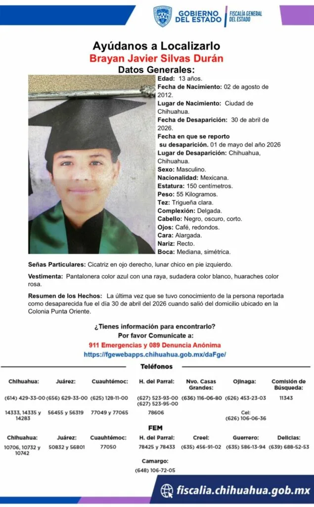 Buscan a Brayan Javier Silvas Durán, desaparecido en Chihuahua - imagen 1
