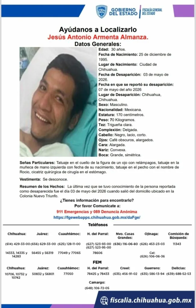 Buscan a Jesús Antonio Armenta, desaparecido en Chihuahua desde el 3 de mayo - imagen 1