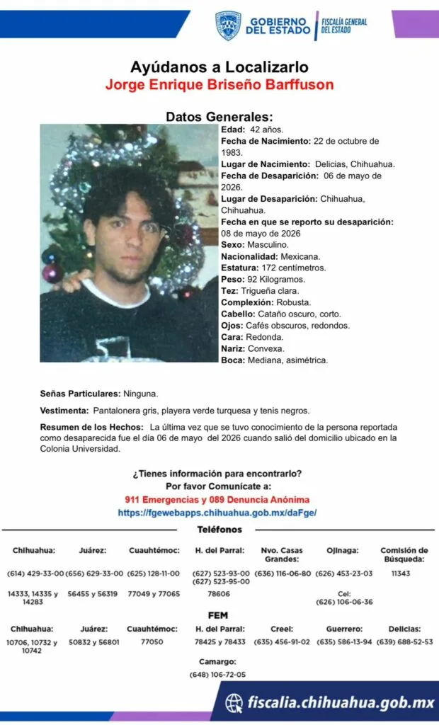 Buscan a Jorge Enrique Briseño, desaparecido en Chihuahua desde el 6 de mayo - imagen 1