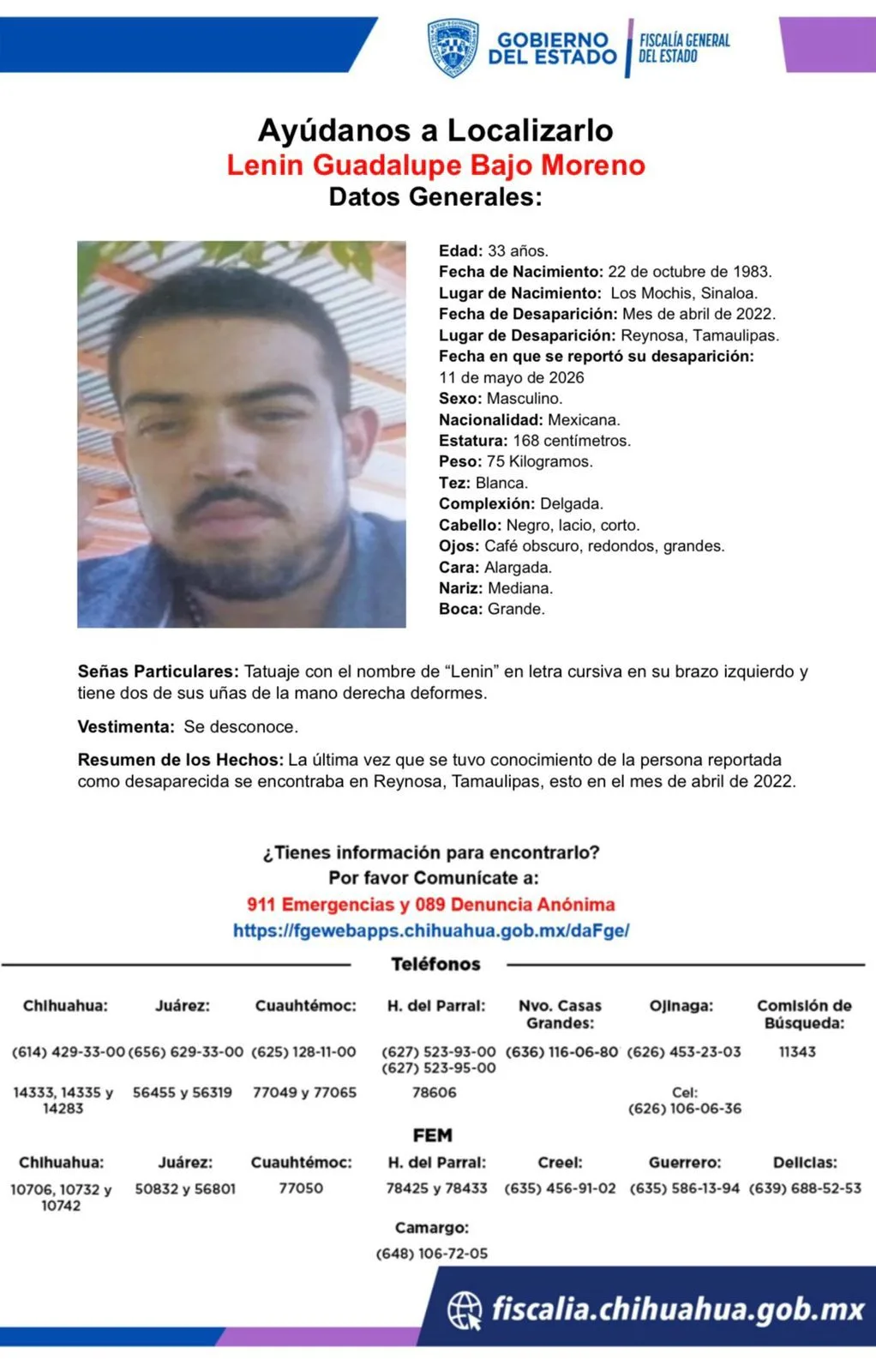 Reportan desaparición de Lenin Guadalupe Bajo Moreno, visto por última vez en Reynosa en abril de 2022