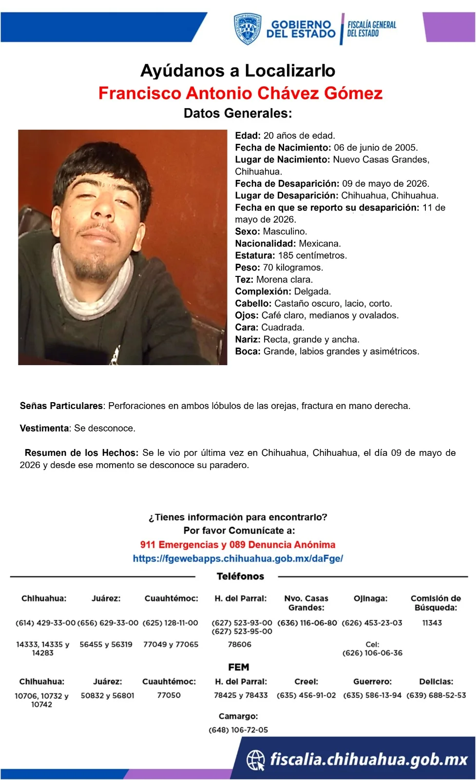 Buscan a Francisco Antonio Chávez Gómez, joven de 20 años desaparecido en Chihuahua desde el 9 de mayo