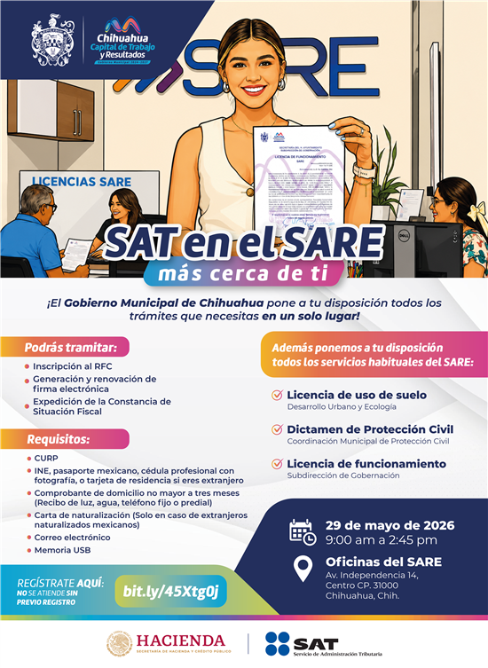 Jornada SAT en el SARE de Chihuahua: RFC, firma electrónica y permisos municipales en un solo lugar el 29 de mayo
