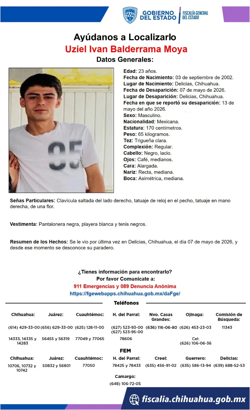 Buscan a Uziel Ivan Balderrama Moya, desaparecido en Delicias, Chihuahua desde el 7 de mayo