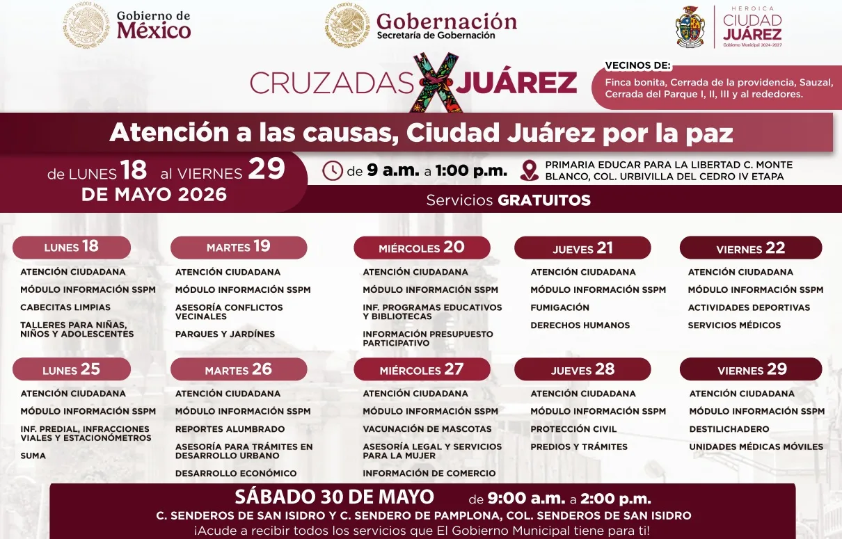 Ciudad Juárez llevará servicios municipales gratuitos a Senderos de San Isidro y Urbivilla del Cedro desde el 18 de mayo