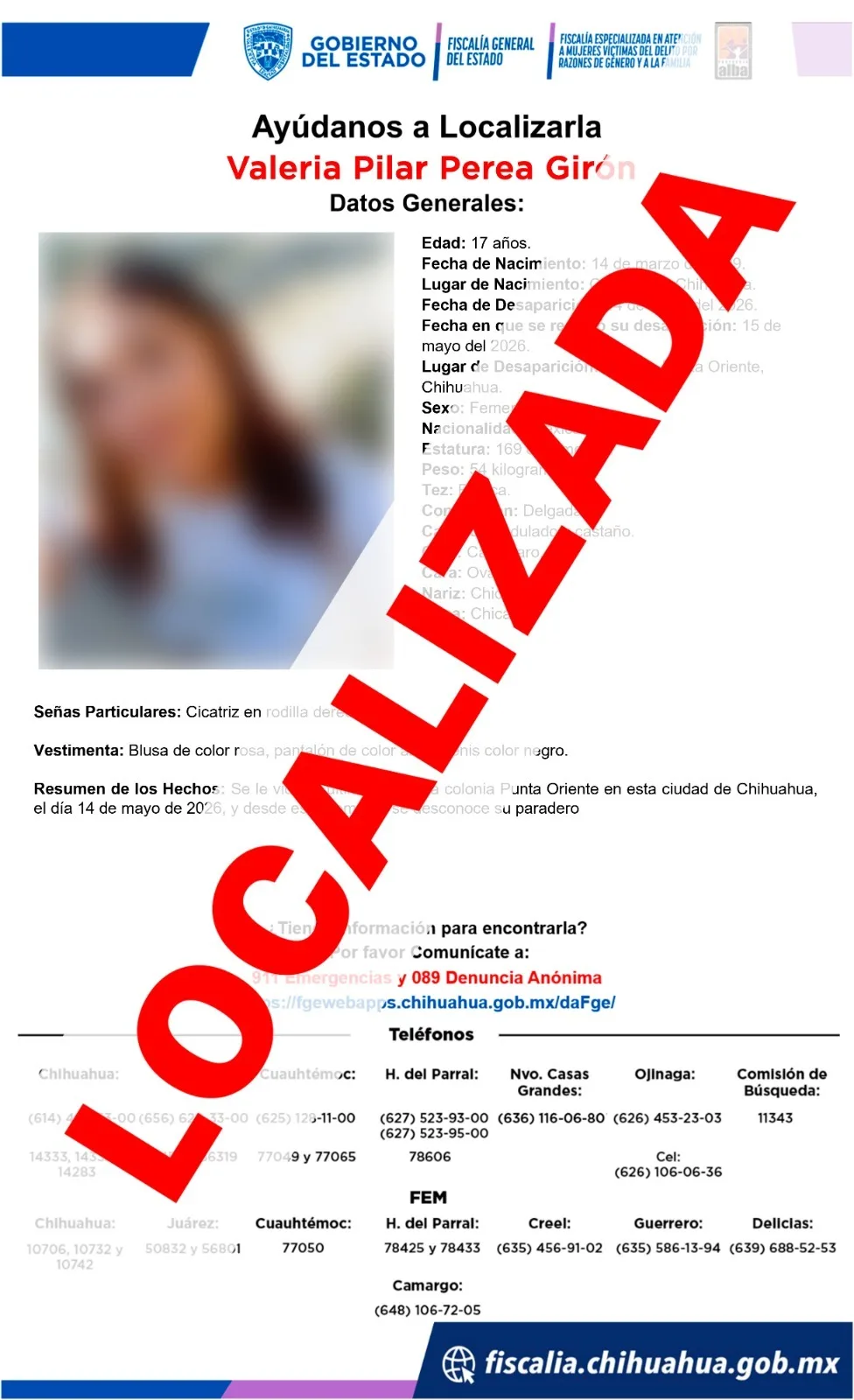 Localizan sana y salva a adolescente de 17 años reportada como desaparecida en Chihuahua