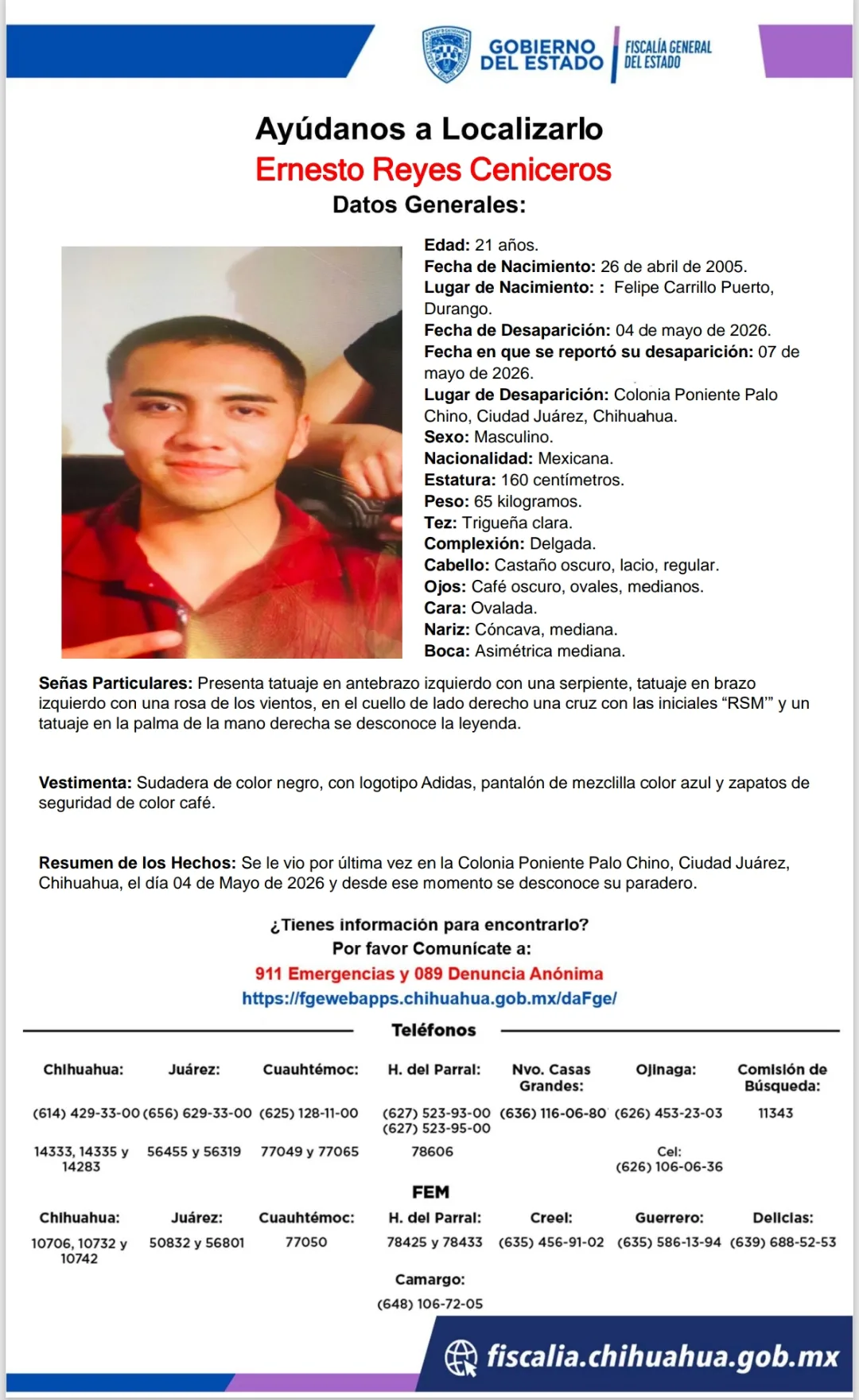 Buscan a Ernesto Reyes Ceniceros, desaparecido en la Colonia Poniente Palo Chino de Ciudad Juárez