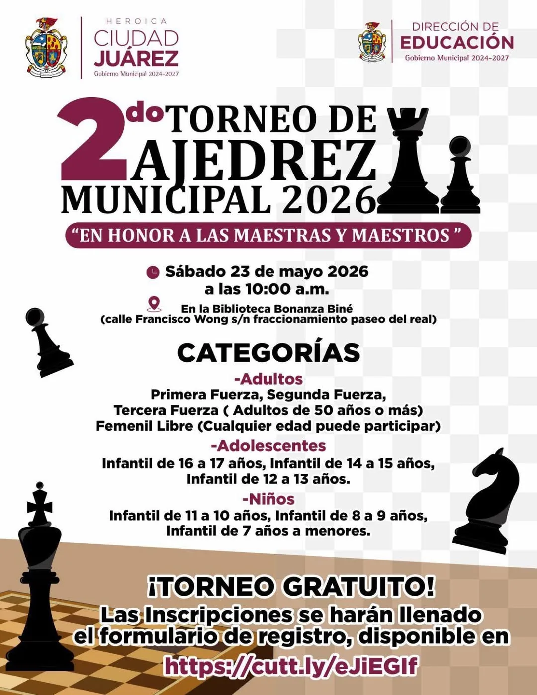 Segundo Torneo Municipal de Ajedrez 2026 en Ciudad Juárez: inscripciones gratuitas para todas las edades