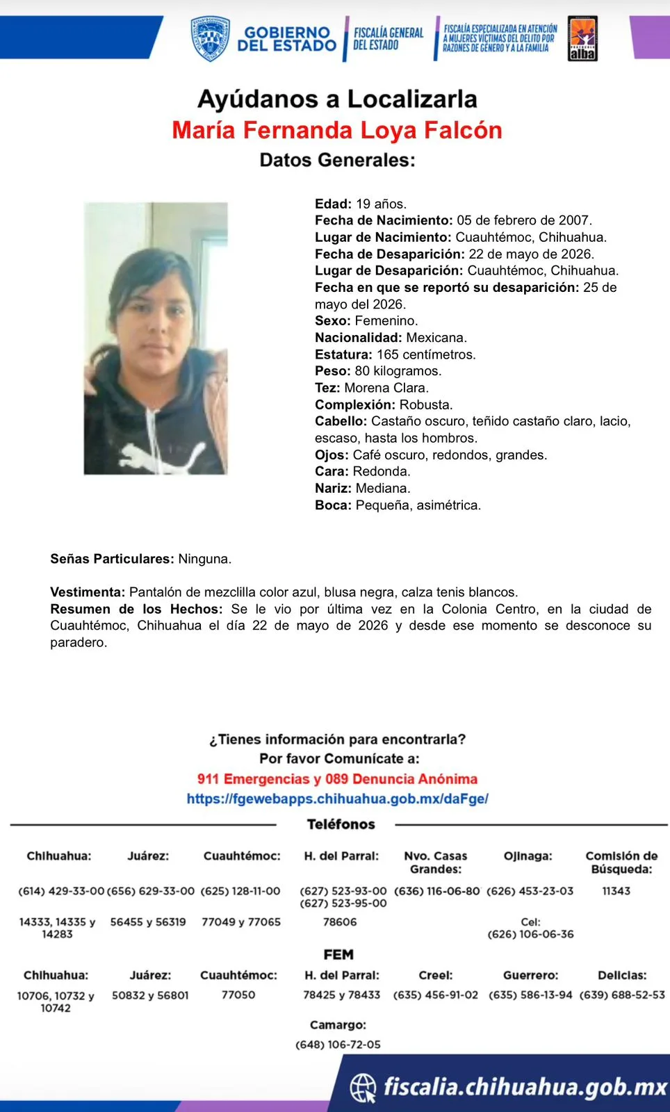 Buscan a María Fernanda Loya Falcón, desaparecida en Cuauhtémoc, Chihuahua desde el 22 de mayo