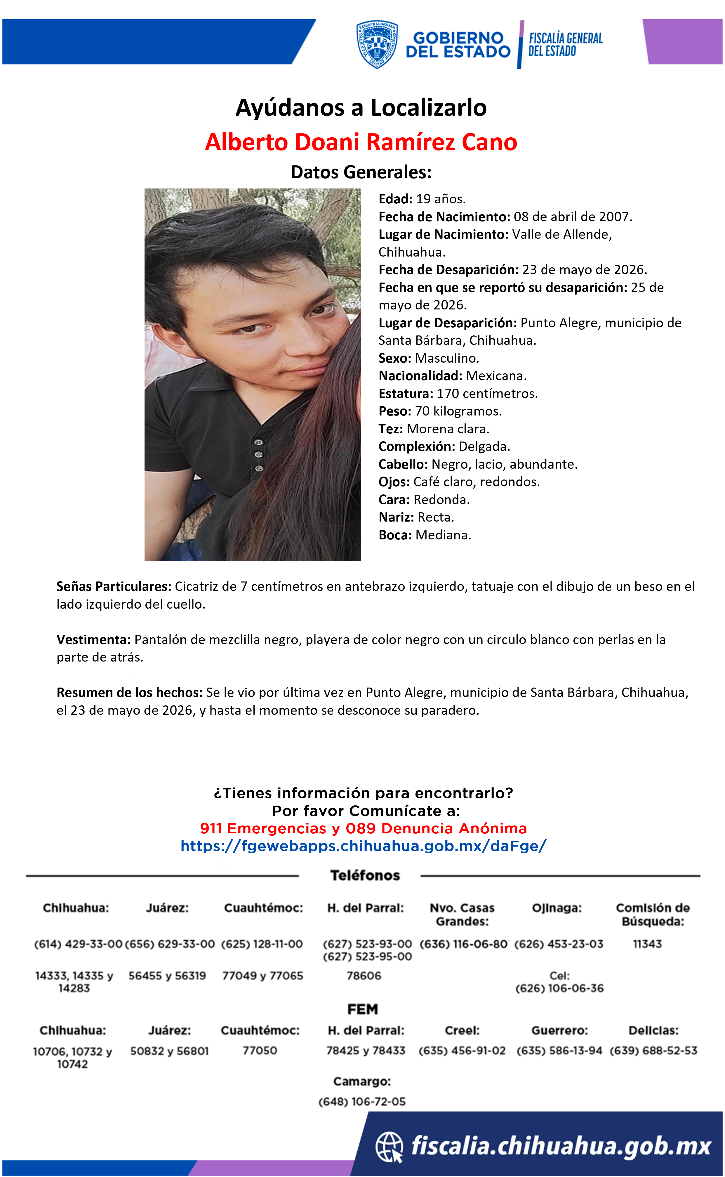 Buscan a Alberto Doani Ramírez Cano, desaparecido en Santa Bárbara, Chihuahua