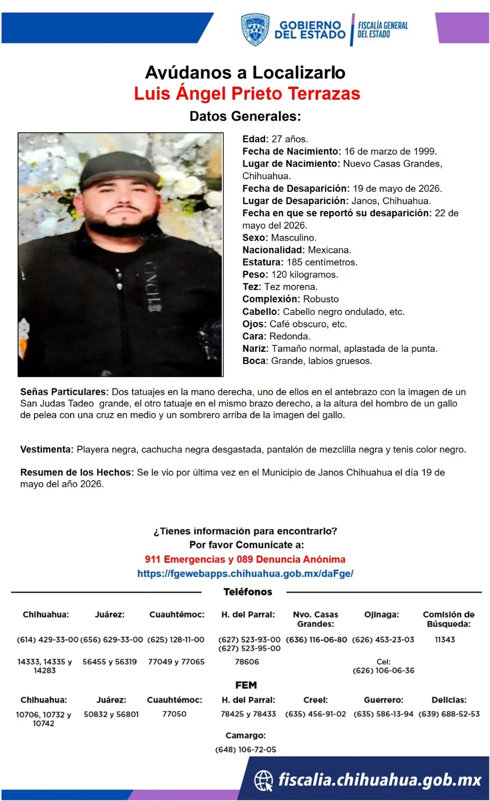 Buscan a Luis Ángel Prieto Terrazas, desaparecido en Janos, Chihuahua