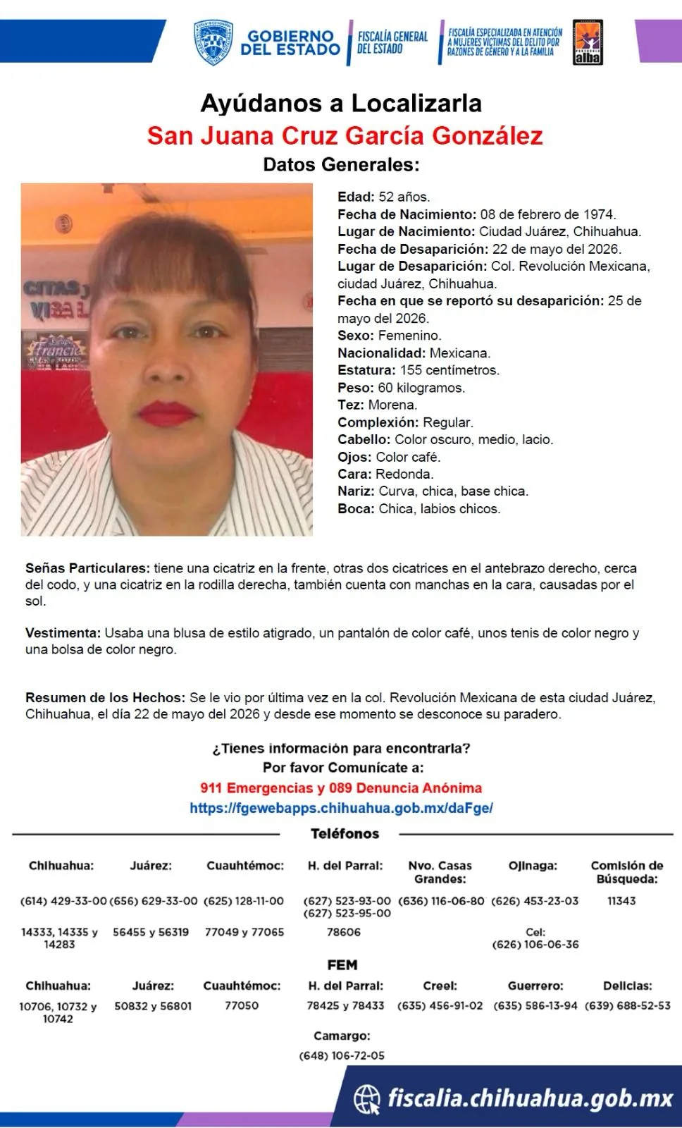Buscan a San Juana Cruz García González, desaparecida en Ciudad Juárez, Chihuahua