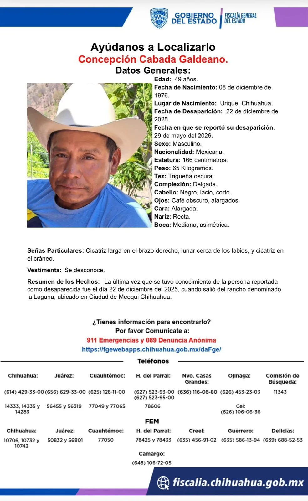 Buscan a Concepción Cabada Galdeano, desaparecido en Meoqui, Chihuahua