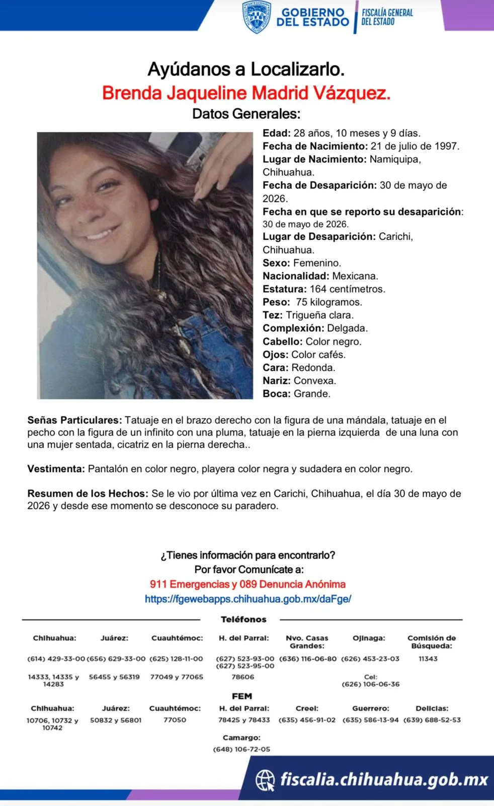 Buscan a Brenda Jaqueline Madrid Vázquez, desaparecida en Carichí, Chihuahua
