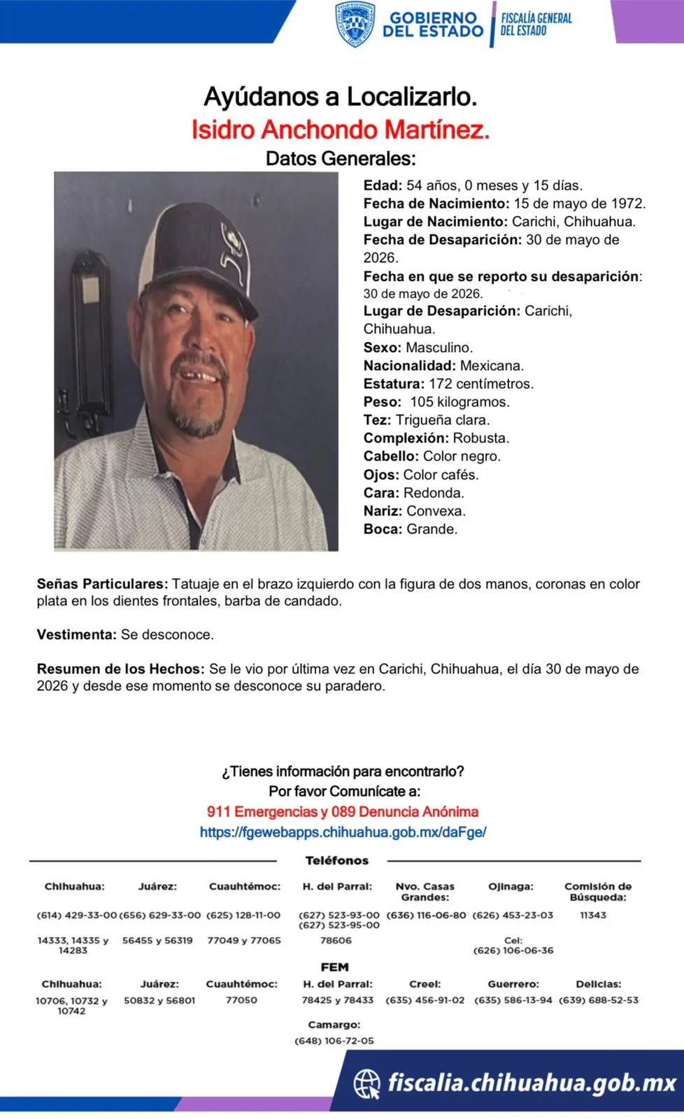 Reportan la desaparición de Isidro Anchondo Martínez en Carichí, Chihuahua