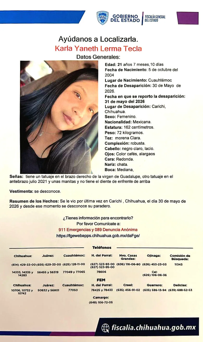 Buscan a Karla Yaneth Lerma Tecla, desaparecida en Carichí, Chihuahua