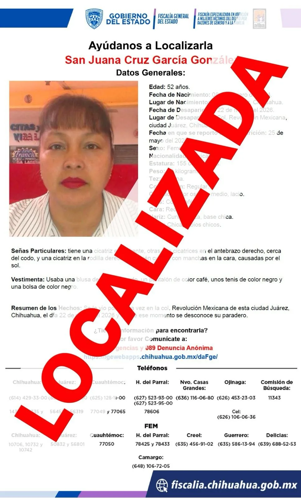 Localizan sana y salva a mujer reportada como ausente en Ciudad Juárez