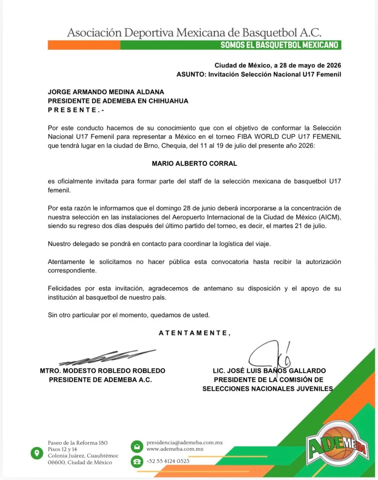 Mario Alberto Corral se une al cuerpo técnico de la Selección Mexicana U17 Femenil para el Mundial de Basquetbol - imagen 4