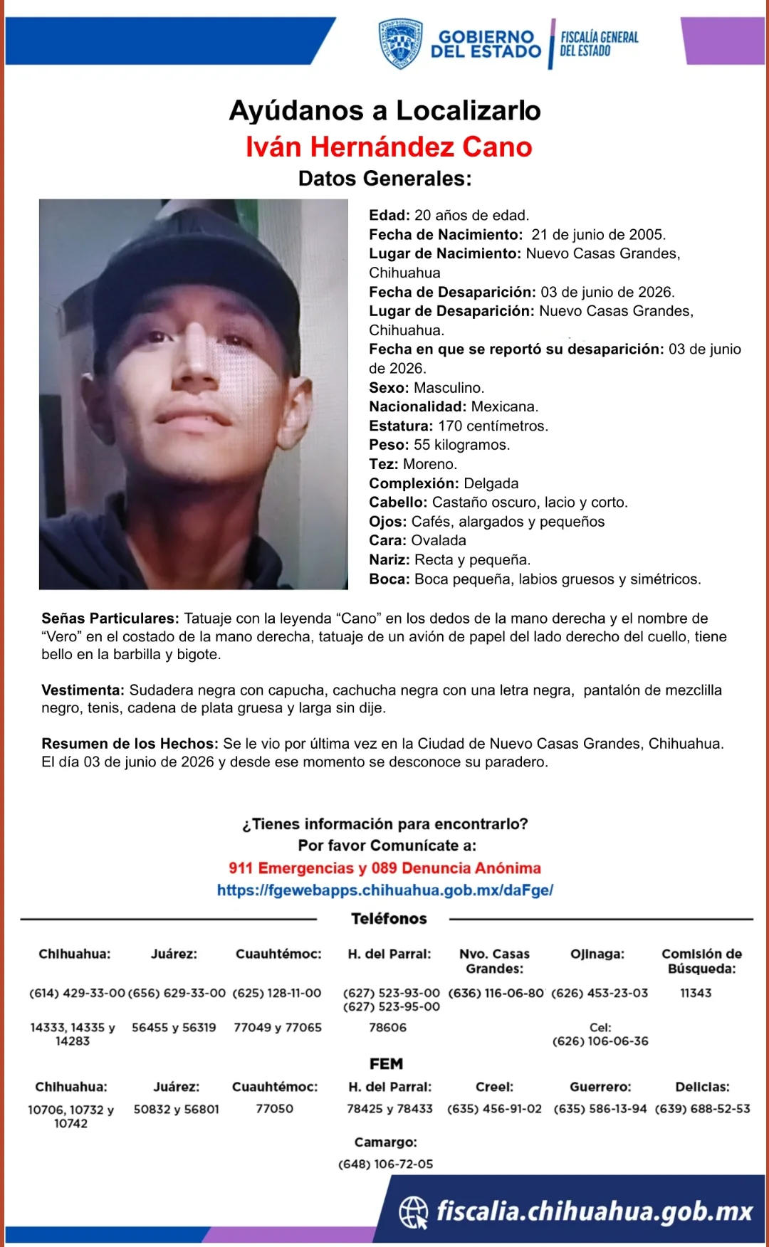 Buscan a Iván Hernández Cano, desaparecido en Nuevo Casas Grandes, Chihuahua