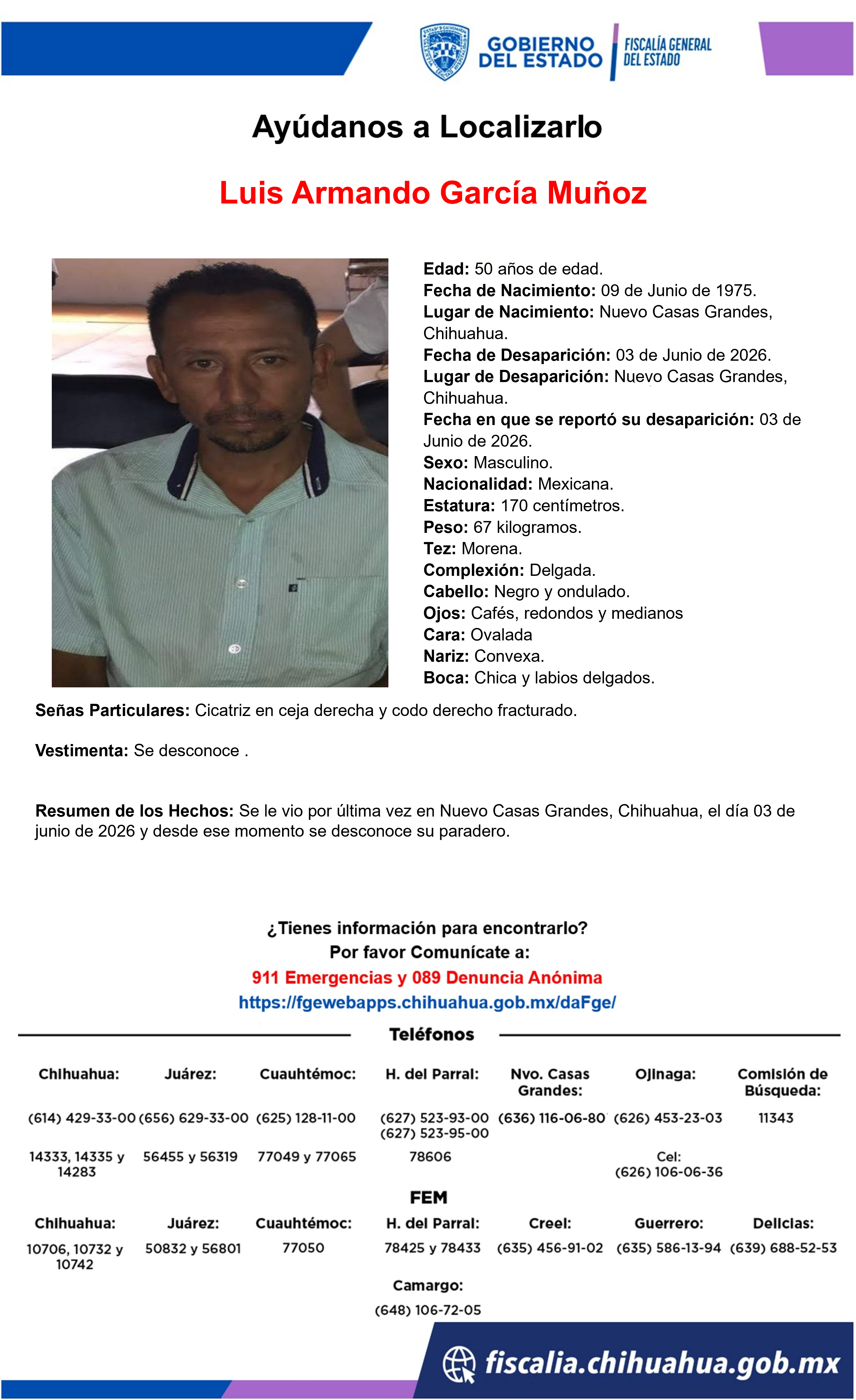 Buscan a Luis Armando García Muñoz, desaparecido en Nuevo Casas Grandes, Chihuahua