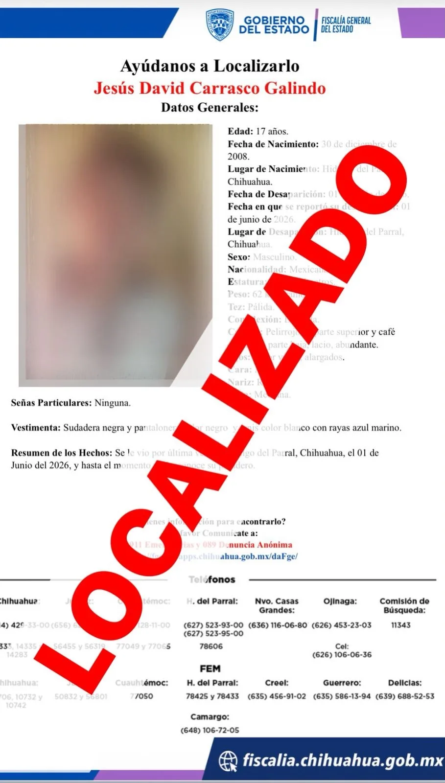 Localizan en San Francisco del Oro a adolescente reportado como ausente en Parral