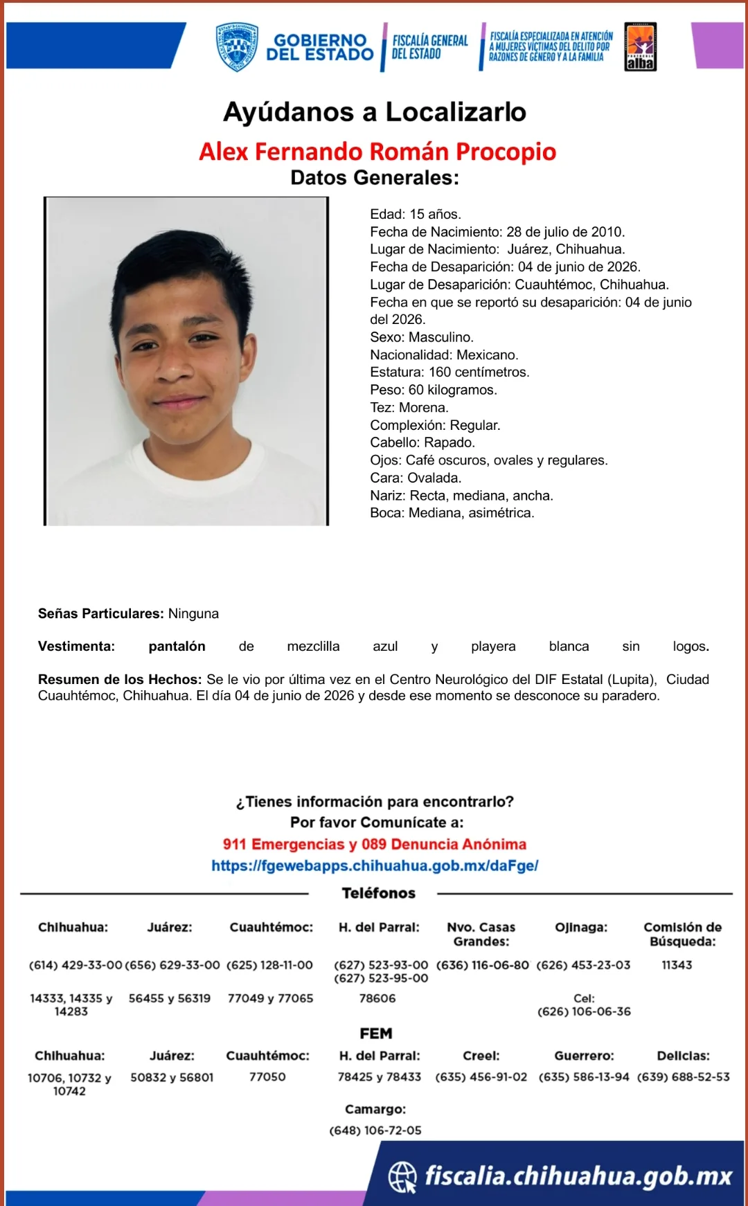 Buscan a Alex Fernando Román Procopio, adolescente desaparecido en Cuauhtémoc, Chihuahua