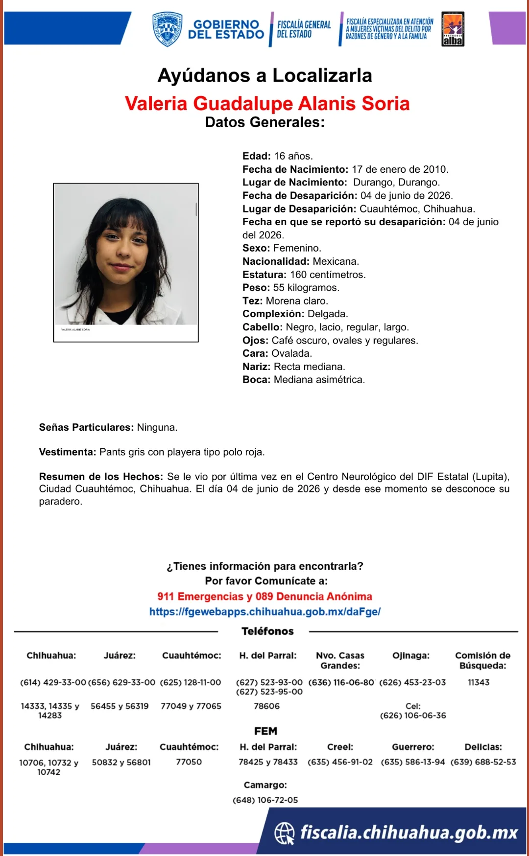 Buscan a Valeria Guadalupe Alanis Soria, adolescente de 16 años desaparecida en Cuauhtémoc, Chihuahua