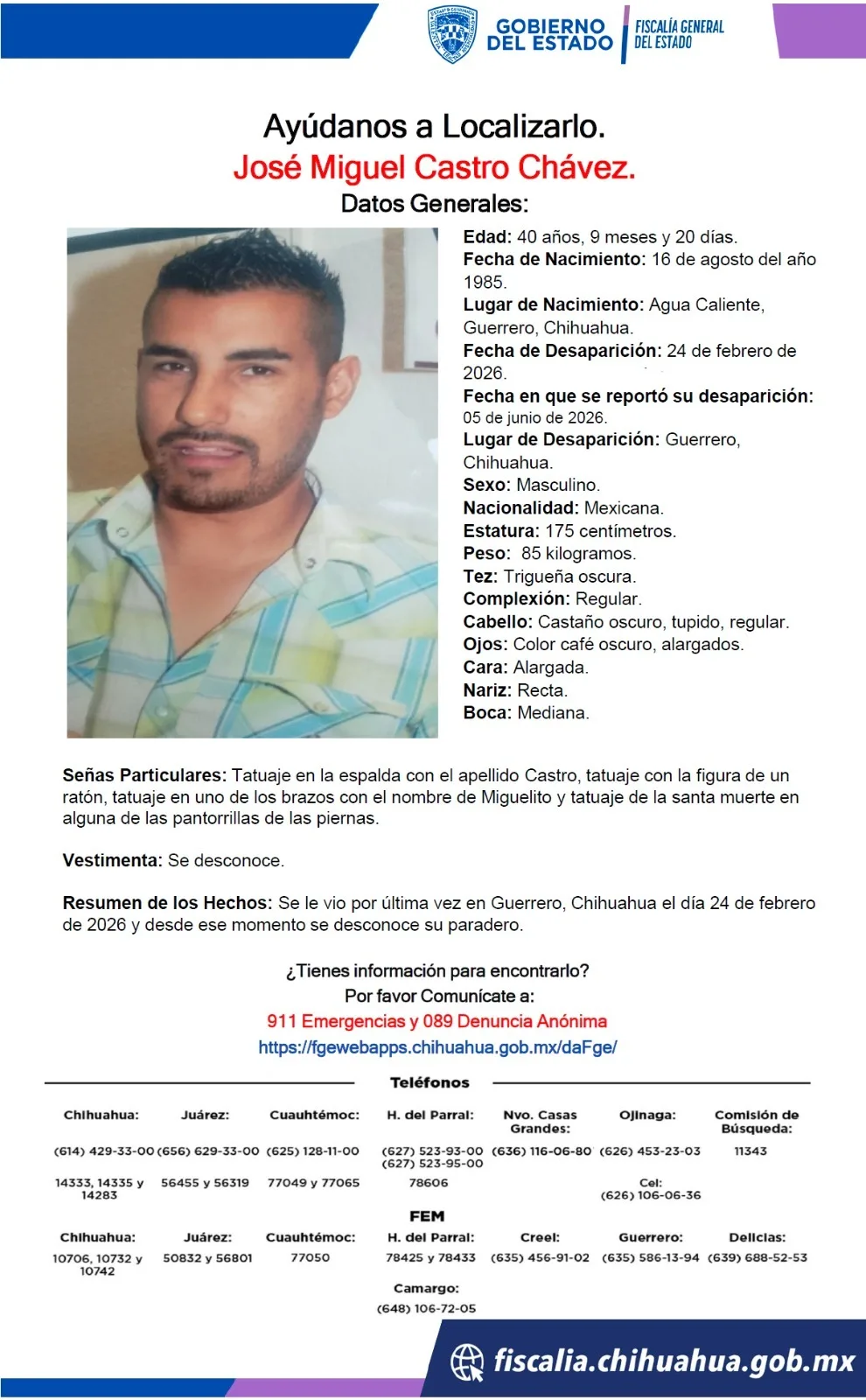 Buscan a José Miguel Castro Chávez, desaparecido en Guerrero, Chihuahua