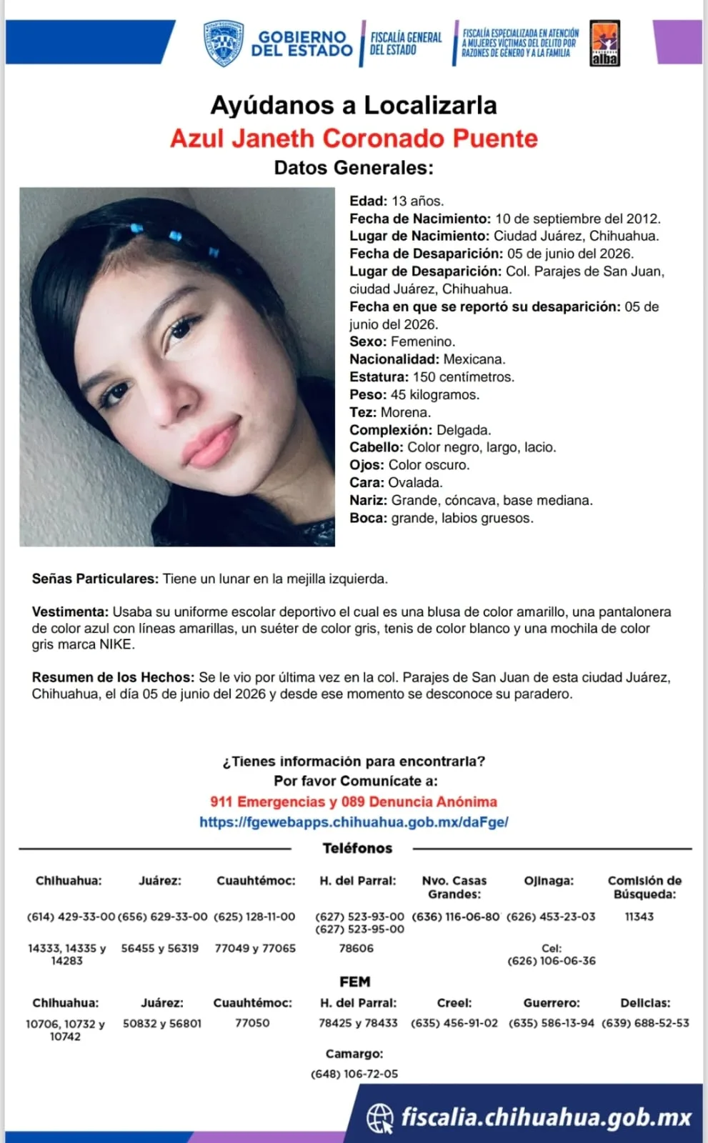 Buscan a Azul Janeth Coronado Puente, adolescente desaparecida en Ciudad Juárez, Chihuahua